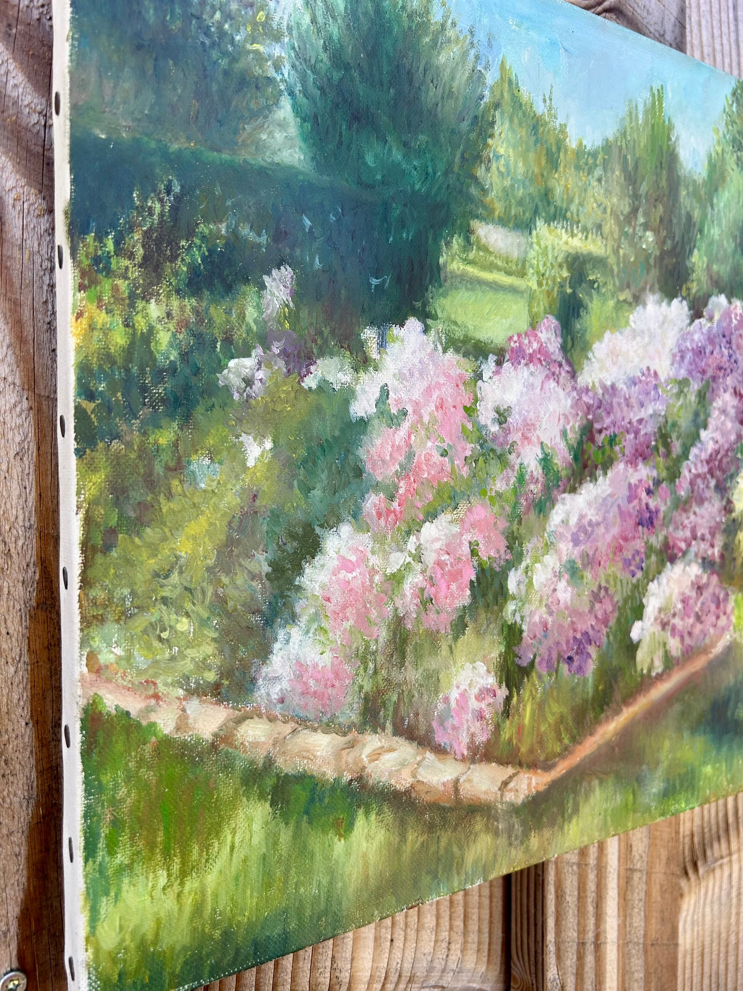 Huile sur toile jardin floral  Décoration Patine