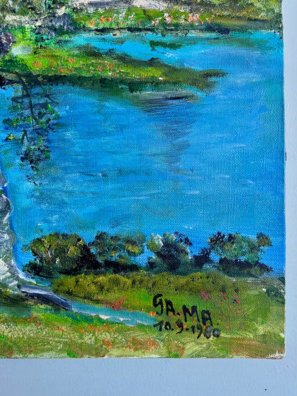 Toile peint à la main paysage coloré   Patine