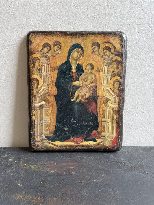 Tableau religieux en bois avec Vierge et Saints