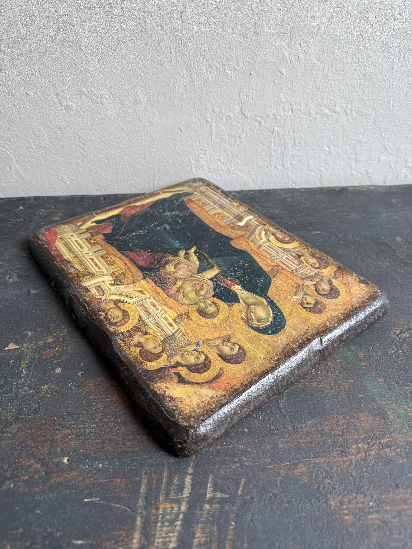 Tableau religieux en bois avec Vierge et Saints