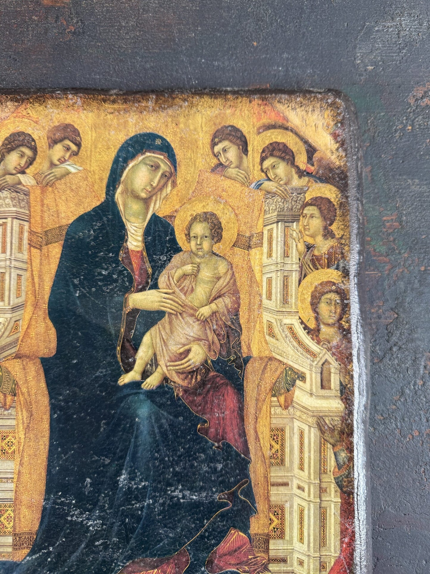 Tableau religieux en bois avec Vierge et Saints