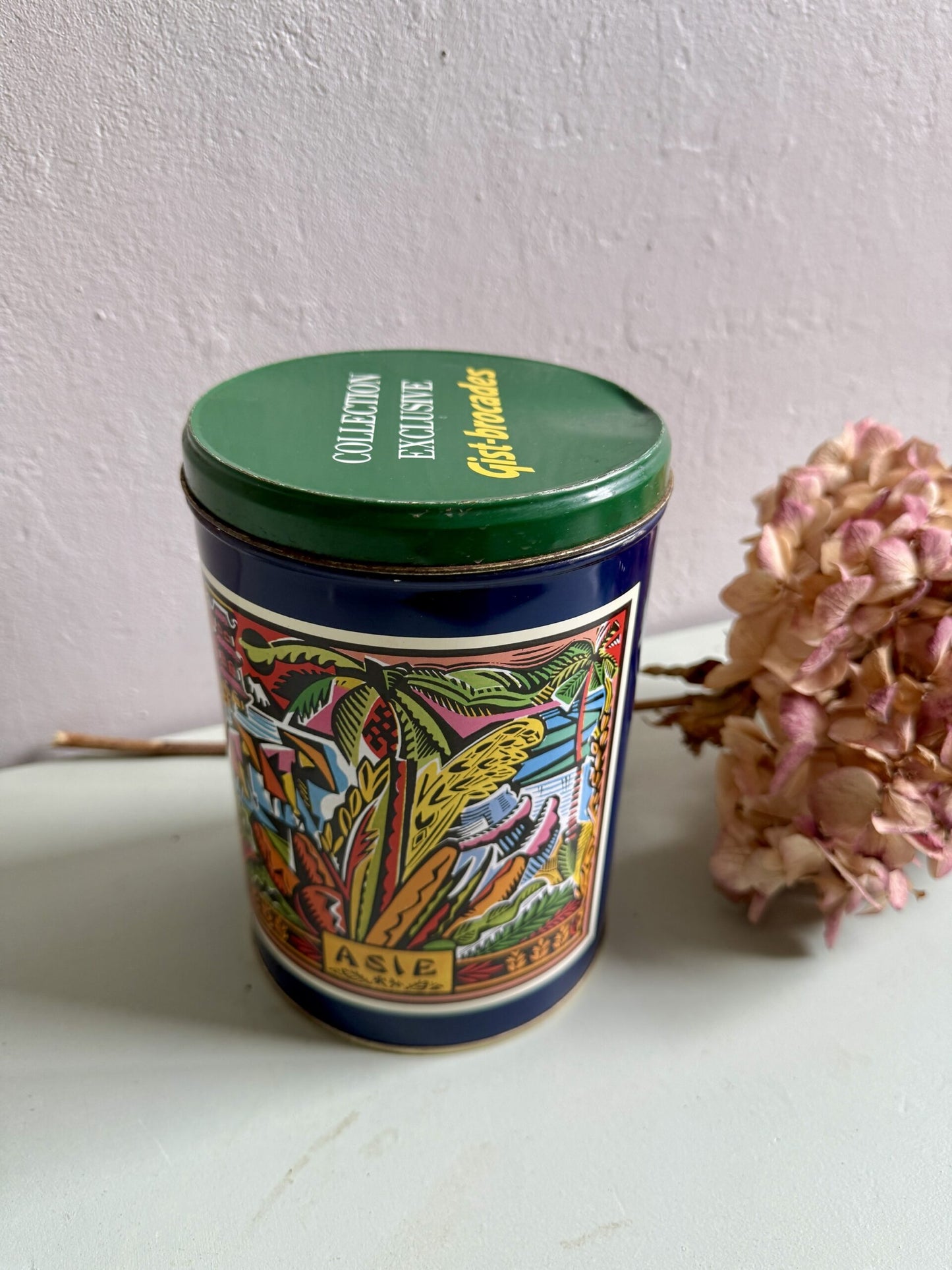 Boîte en métal vintage vert-bleu Gist Brocades