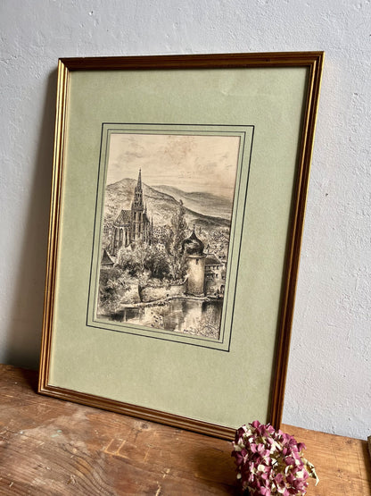 Dessin au crayon sous cadre/ vue de Thann