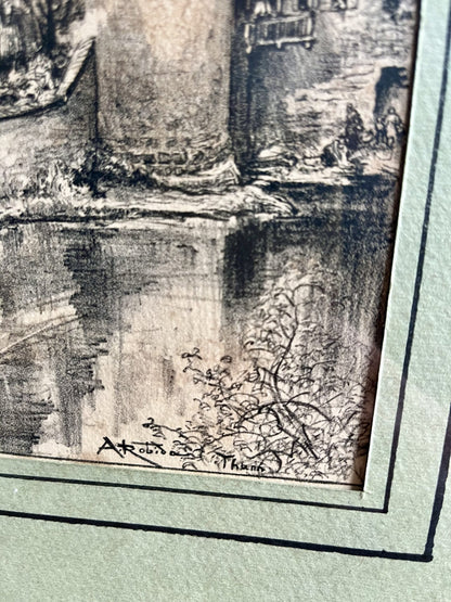 Dessin au crayon sous cadre/ vue de Thann