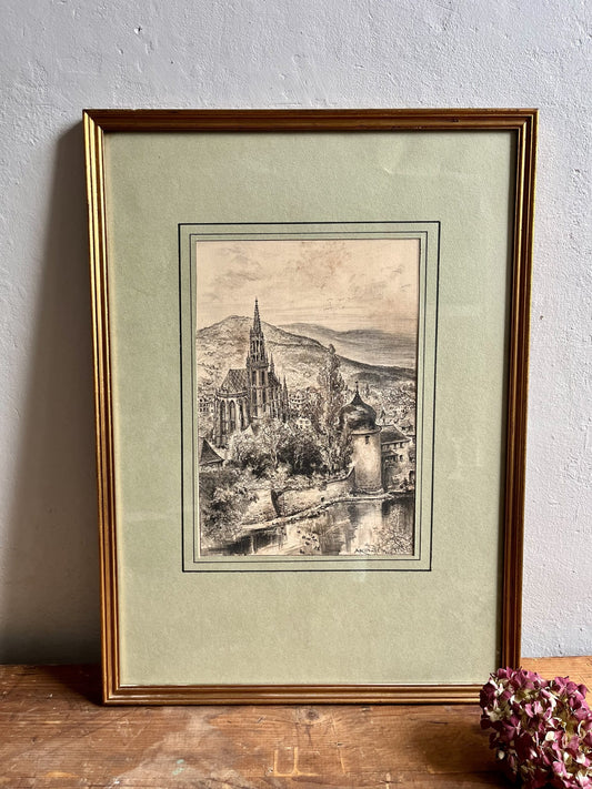 Dessin au crayon sous cadre/ vue de Thann