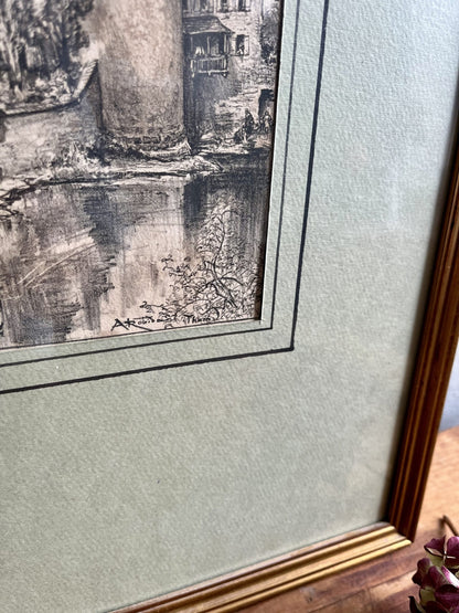 Dessin au crayon sous cadre/ vue de Thann