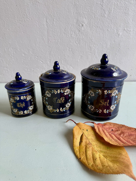 Lot de 3 pots à épices anciens en faïence émaillée