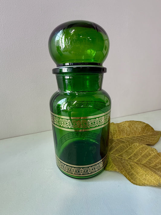 Pot d’apothicaire vintage en verre vert et doré
