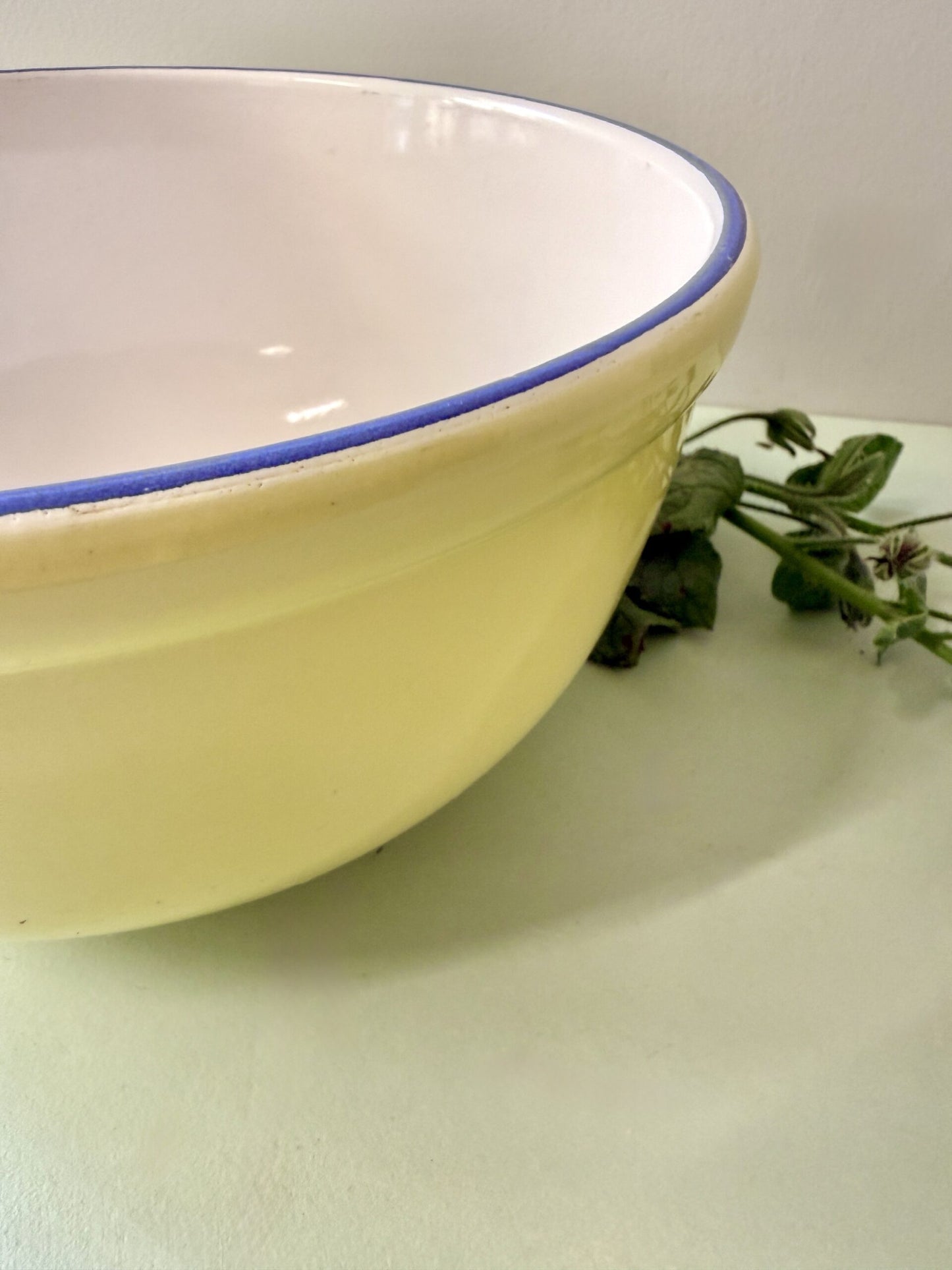 Grand saladier jaune avec liseré bleu