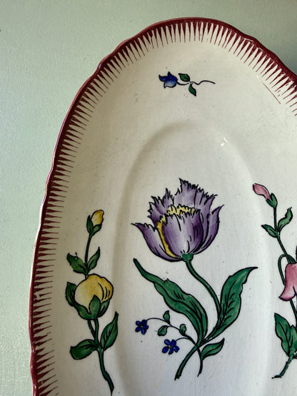 Ravier ancien Sarreguemines ovale – décor floral et liseré bordeaux