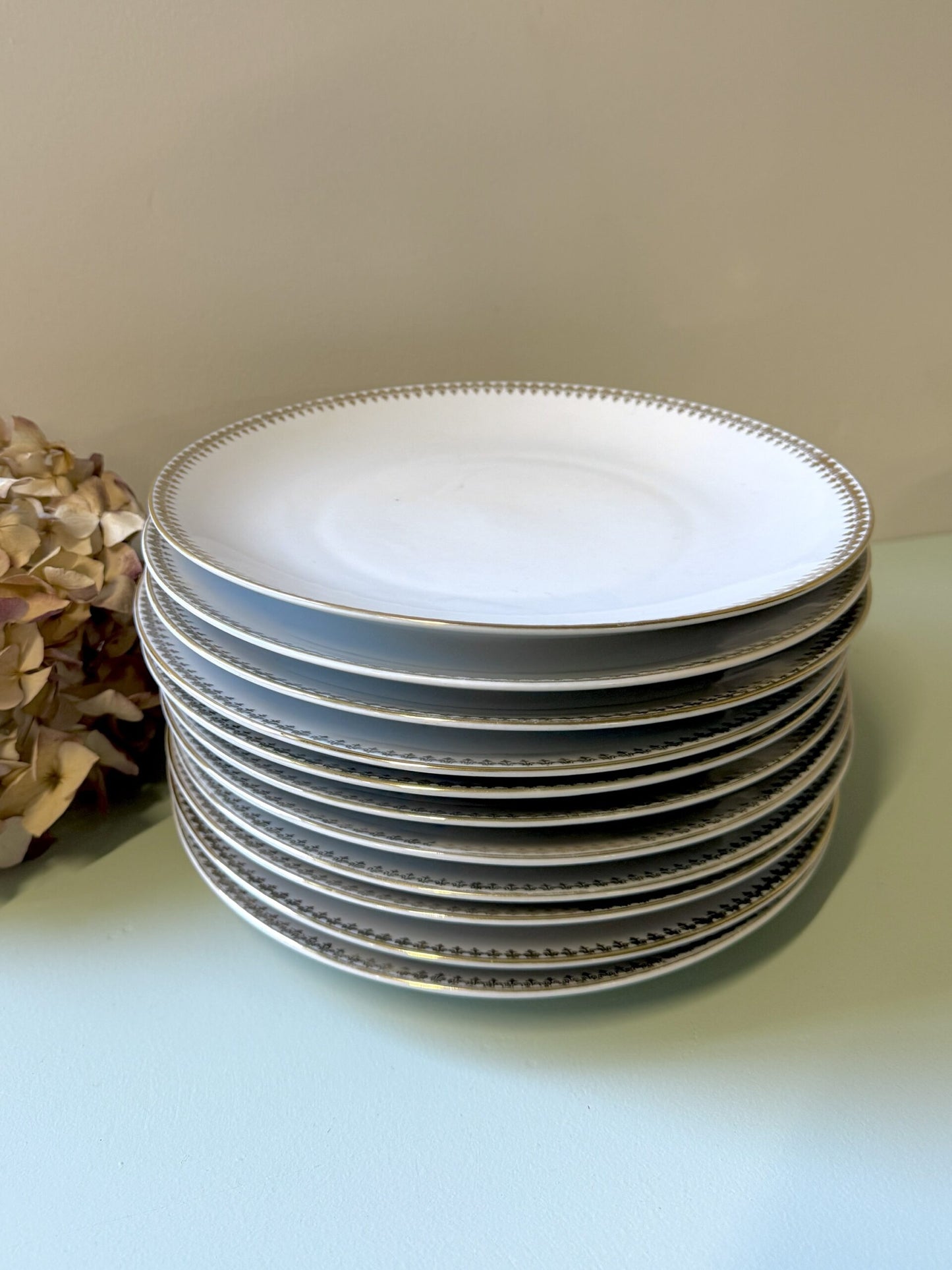 Assiettes plates en porcelaine liseré doré Lucien Engel - lot de 11