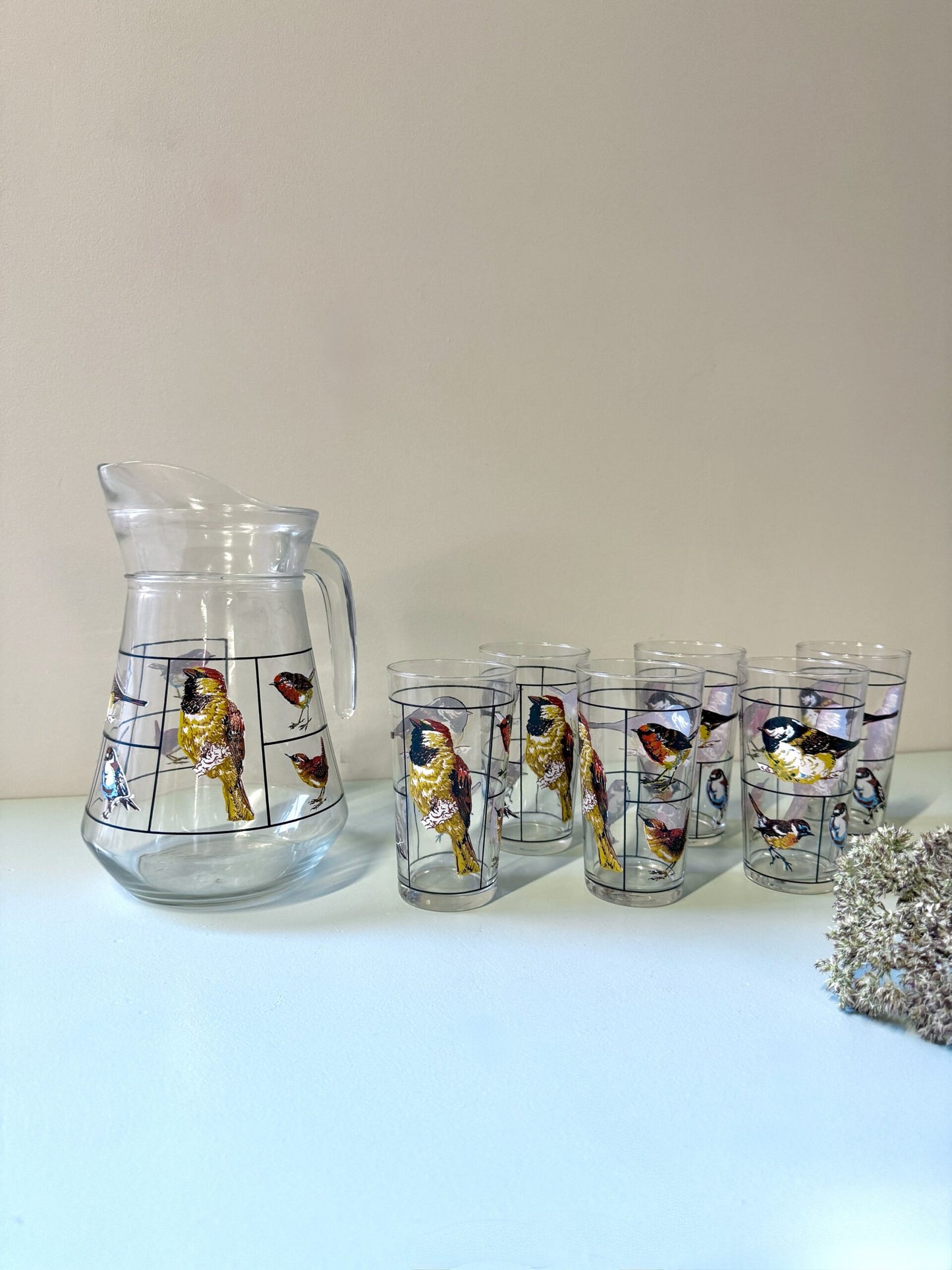 Carafe et lot de 6 verres motifs d’oiseaux de Luminarc