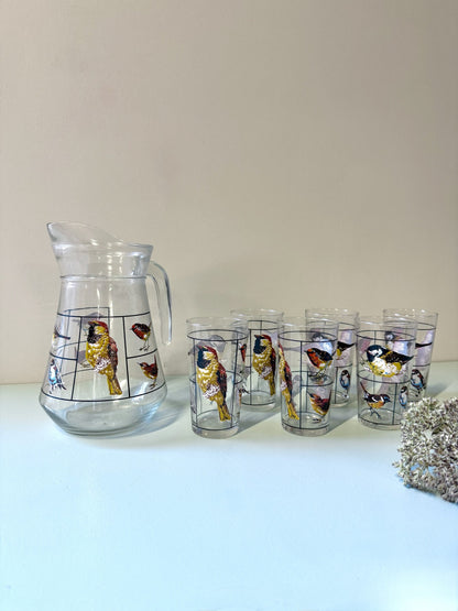 Carafe et lot de 6 verres motifs d’oiseaux de Luminarc