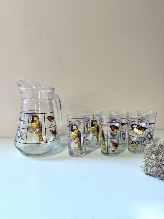 Carafe et lot de 6 verres motifs d’oiseaux de Luminarc