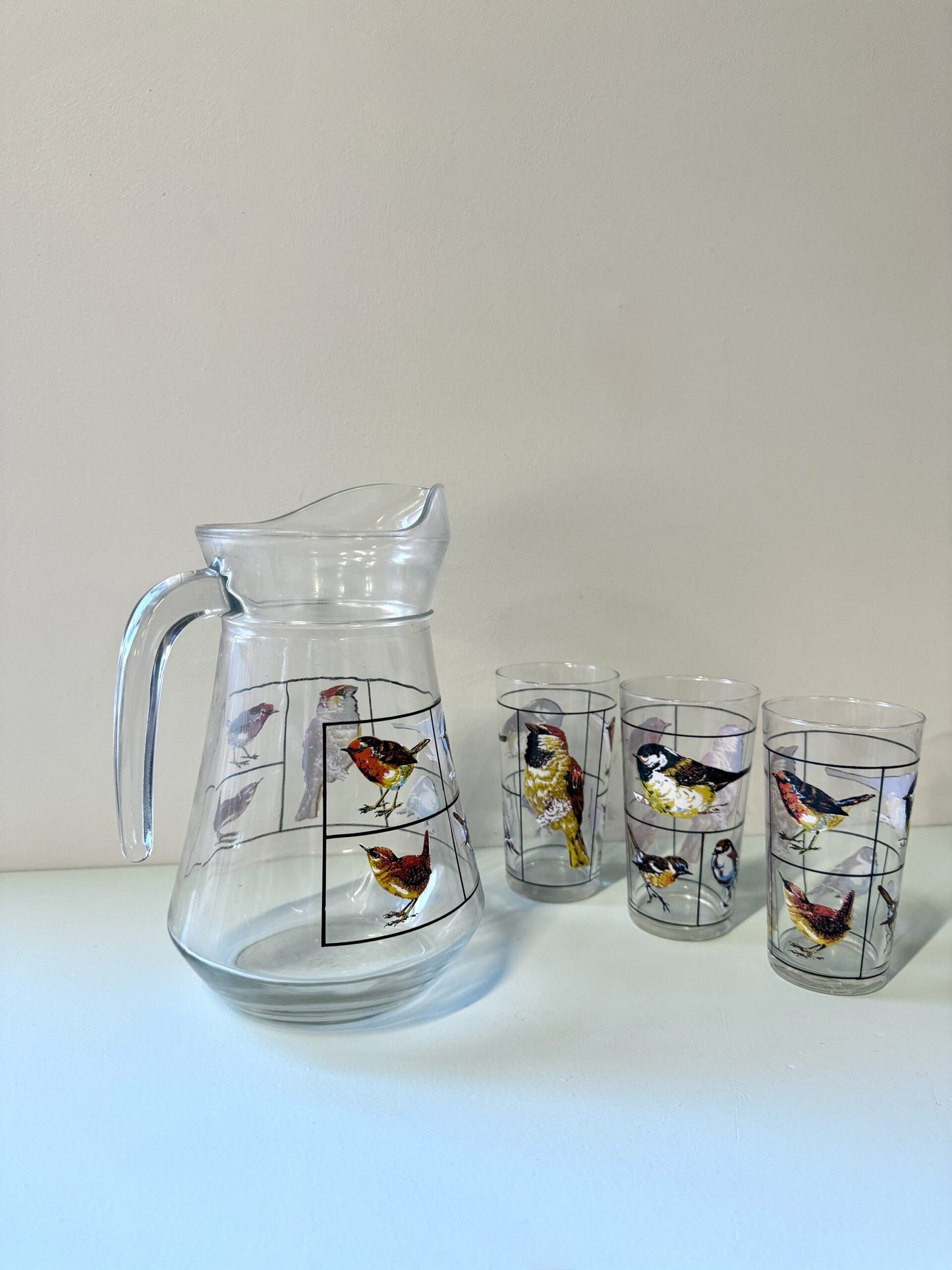 Carafe et lot de 6 verres motifs d’oiseaux de Luminarc