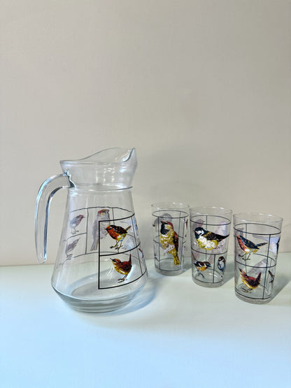 Carafe et lot de 6 verres motifs d’oiseaux de Luminarc