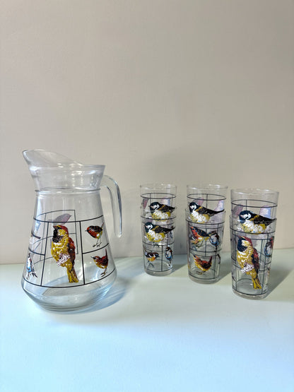 Carafe et lot de 6 verres motifs d’oiseaux de Luminarc