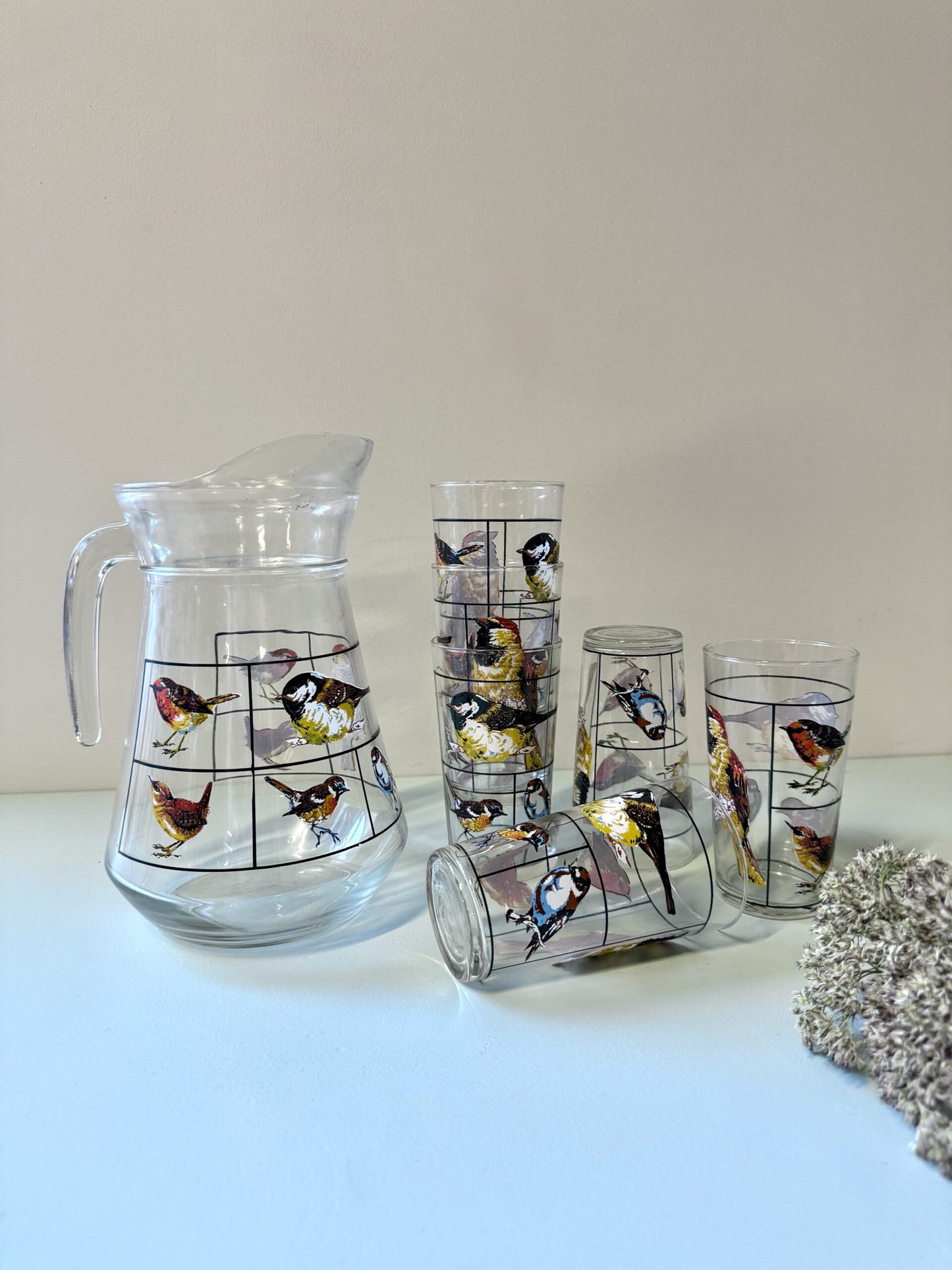 Carafe et lot de 6 verres motifs d’oiseaux de Luminarc