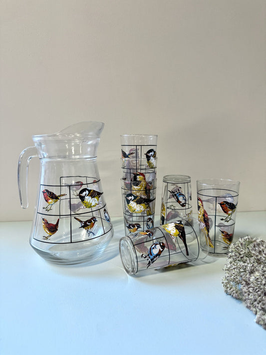 Carafe et lot de 6 verres motifs d’oiseaux de Luminarc