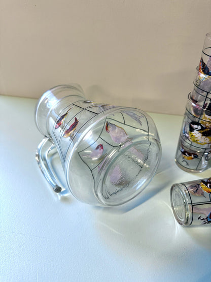 Carafe et lot de 6 verres motifs d’oiseaux de Luminarc