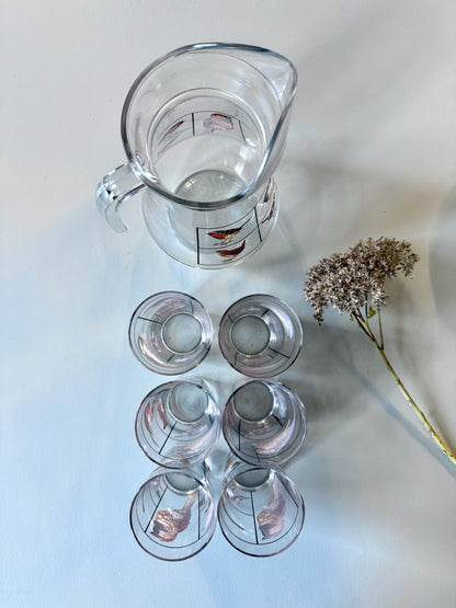 Carafe et lot de 6 verres motifs d’oiseaux de Luminarc