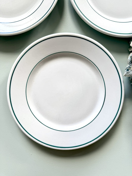 Assiettes plates beige avec liseré vert Pyroblan Sarreguemines - Lot de 6