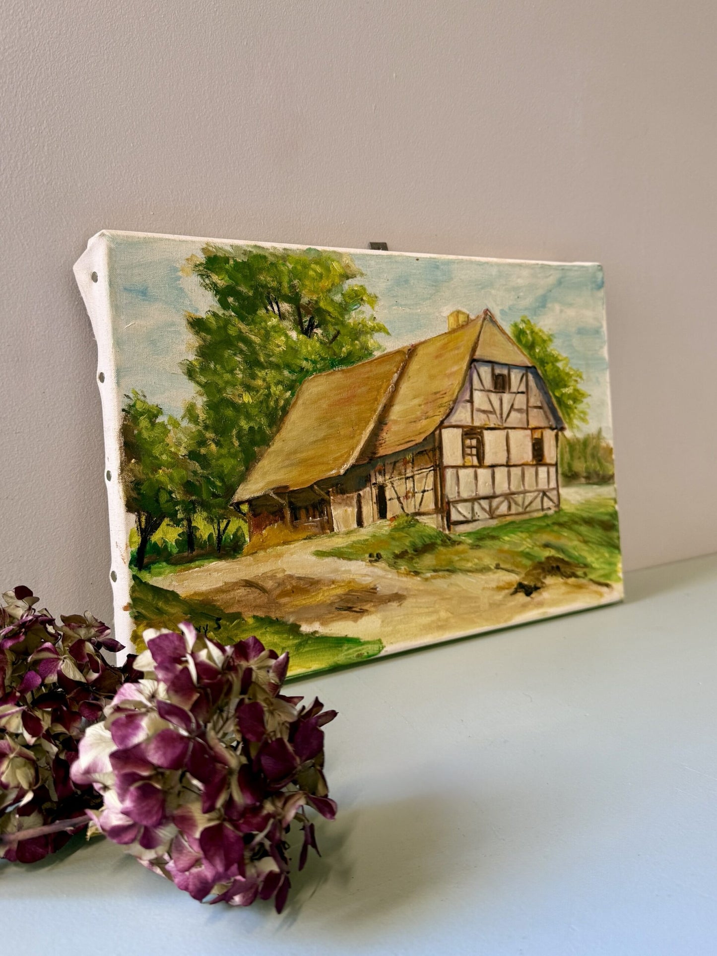 Huile sur toile maison alsacienne ancienne