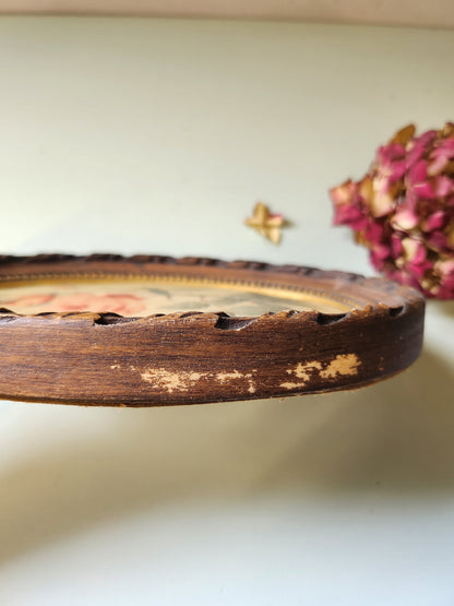 Cadre ovale en bois avec motif botanique - Patine