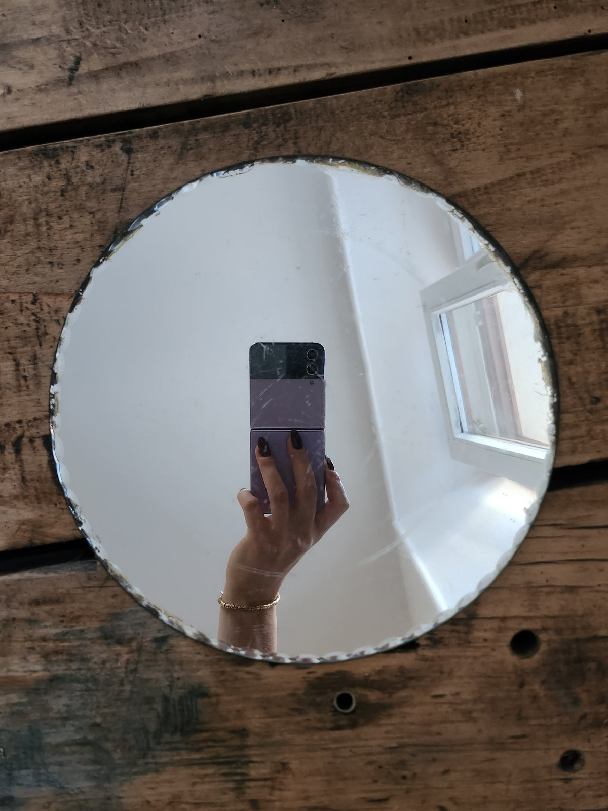 Miroir ancien rond et biseauté   Patine