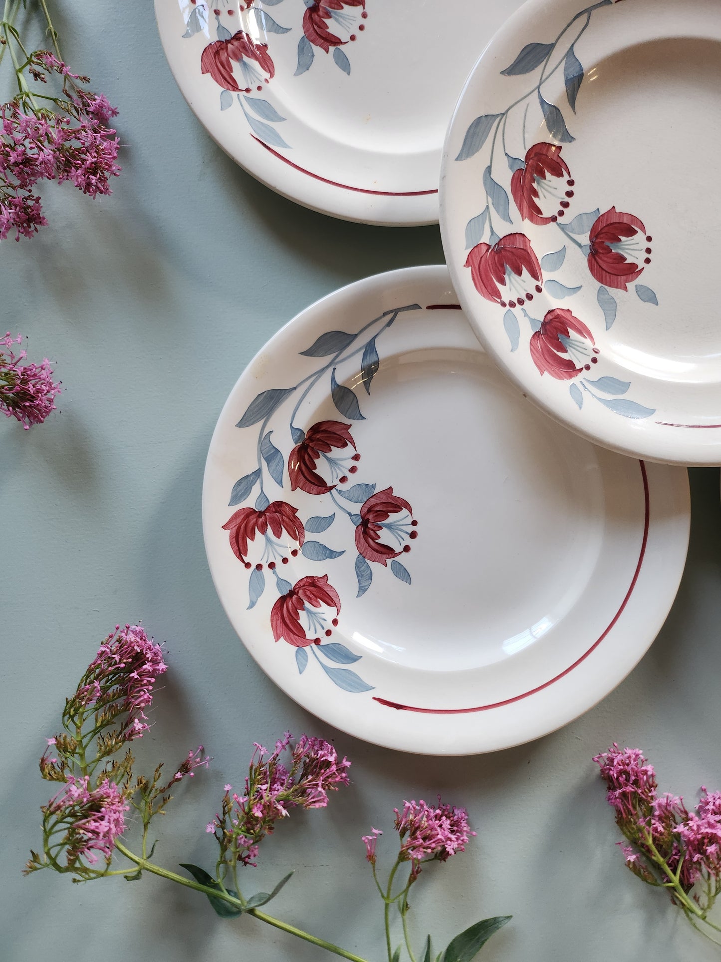 Assiettes plates fleuries Sarreguemines lot de 5   Patine