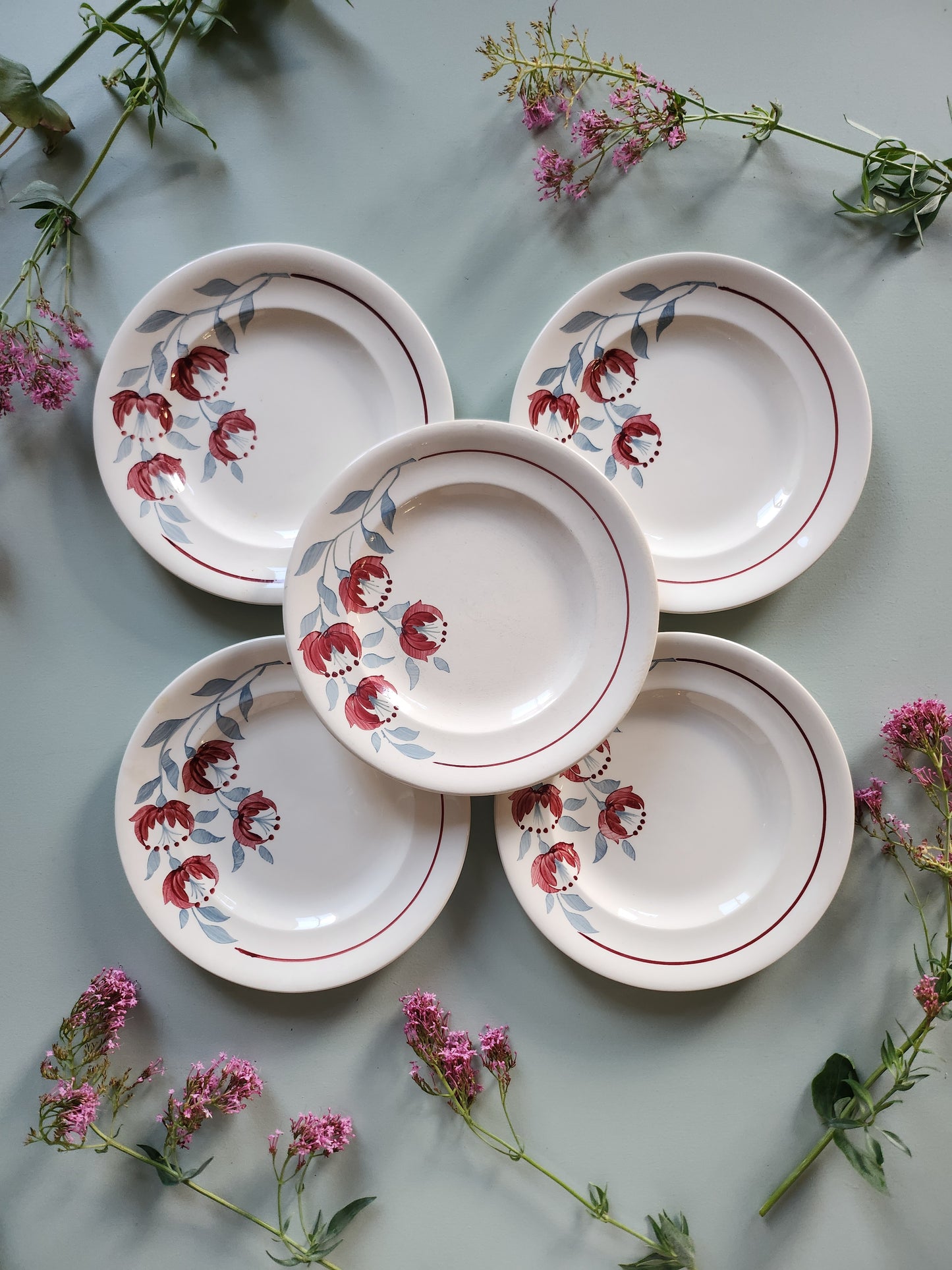 Assiettes plates fleuries Sarreguemines lot de 5   Patine