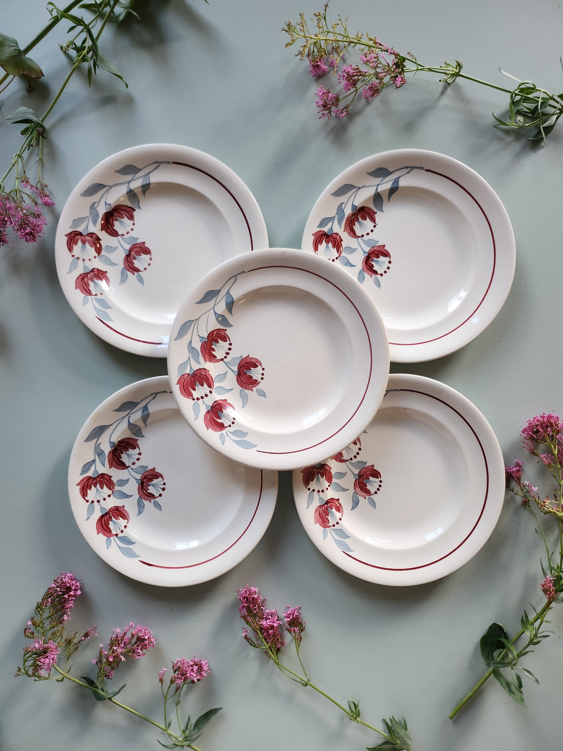 Assiettes plates fleuries Sarreguemines lot de 5   Patine