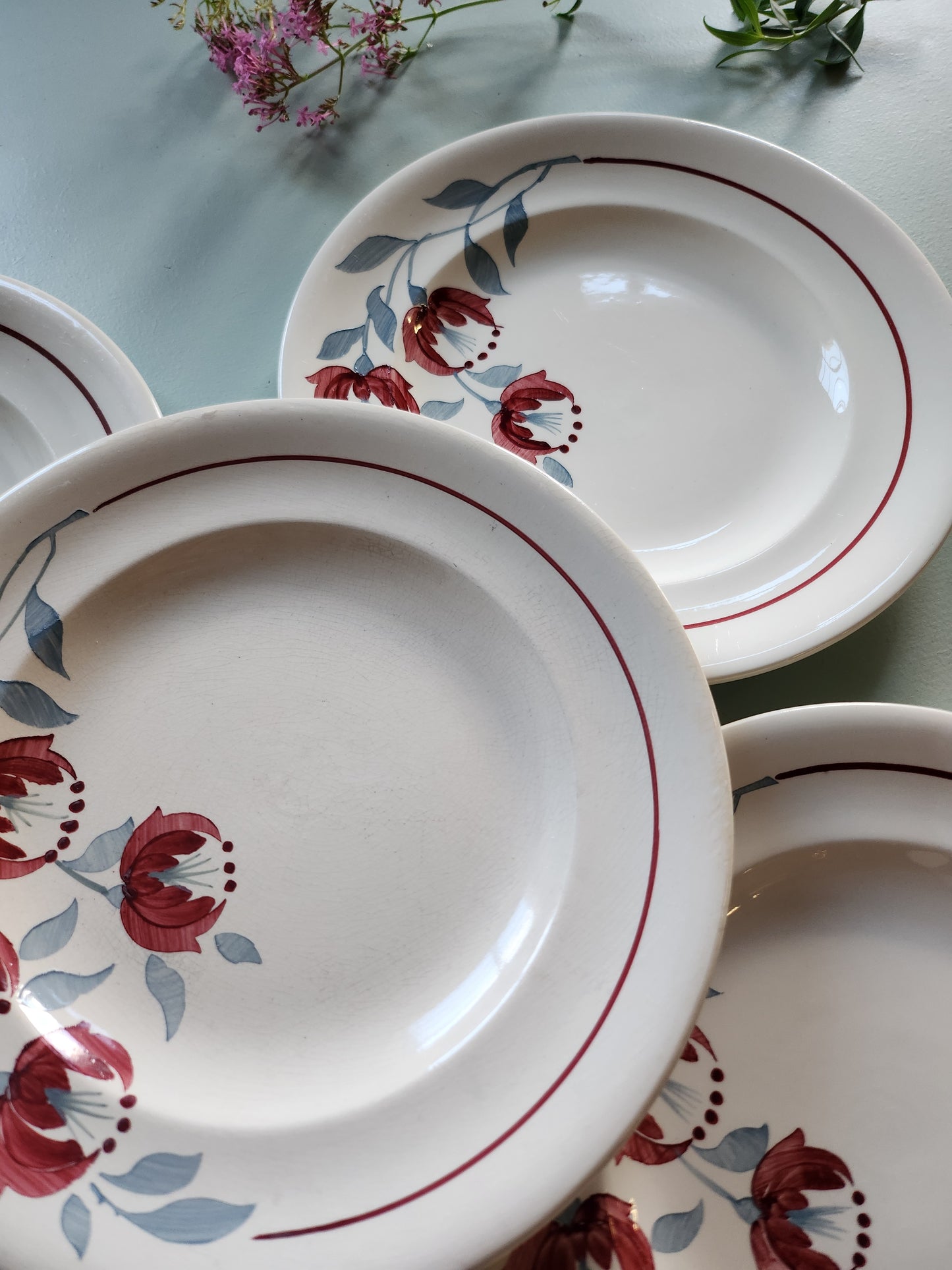 Assiettes plates fleuries Sarreguemines lot de 5   Patine