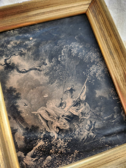Cadre doré gravure " les hasards heureux de l’escarpolette"   Patine