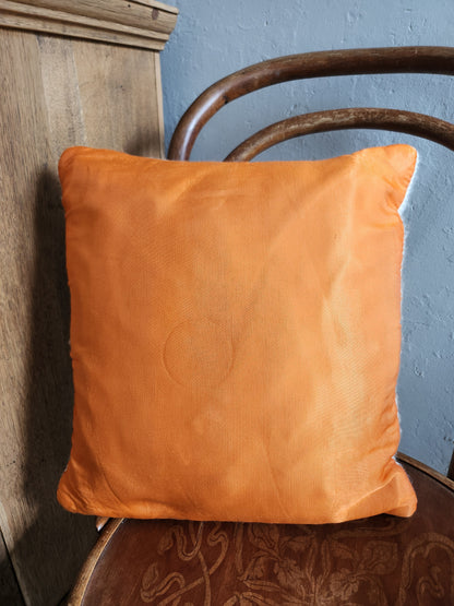 Coussin en point de croix motif fleurs papillon   Patine