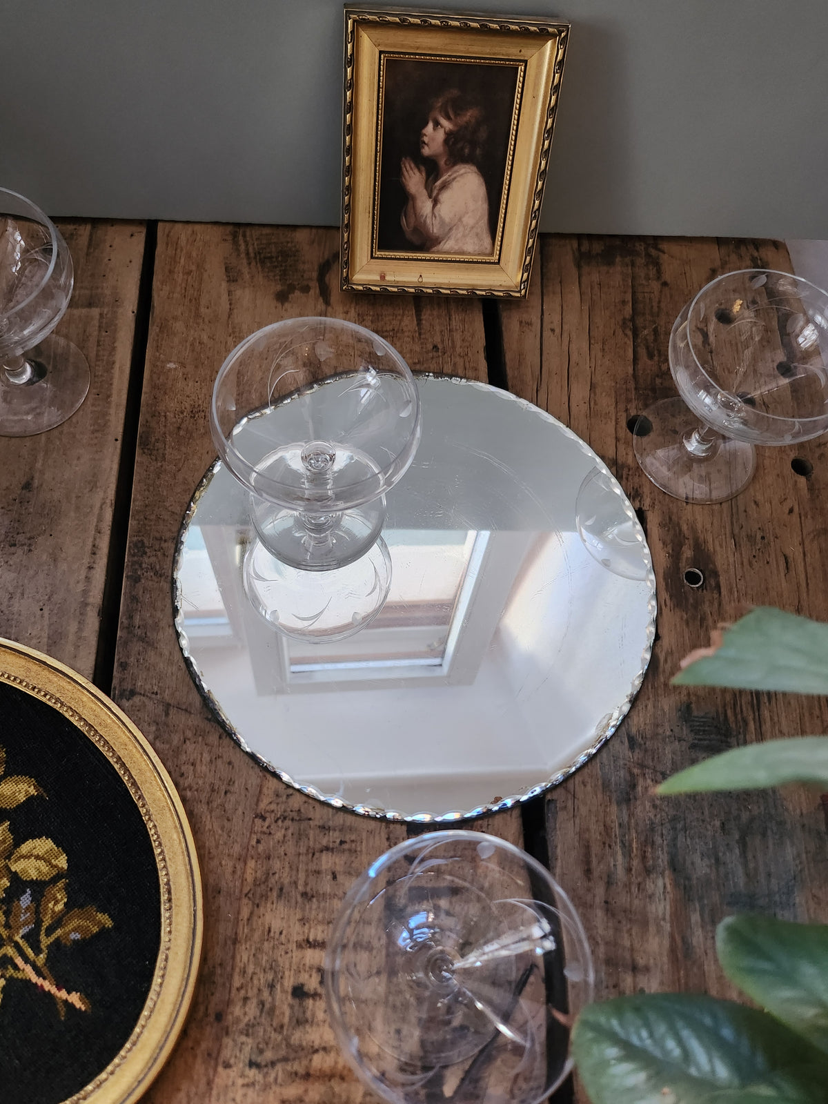 Miroir ancien rond et biseauté   Patine
