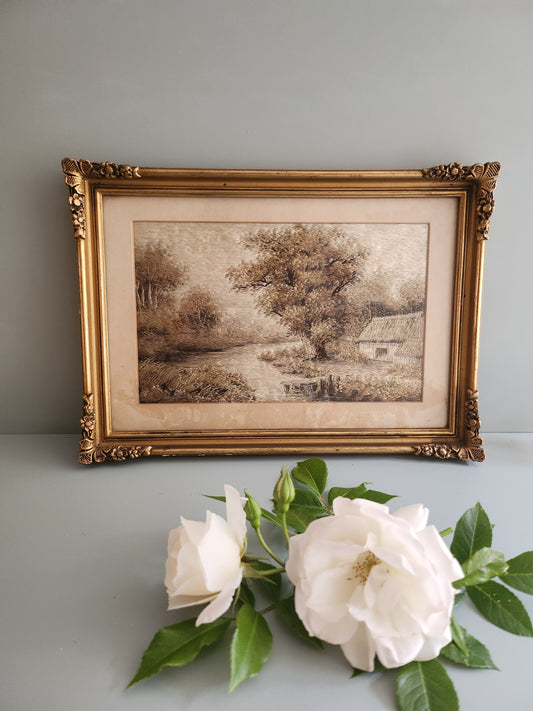 Cadre vintage doré avec toile façon tapissier