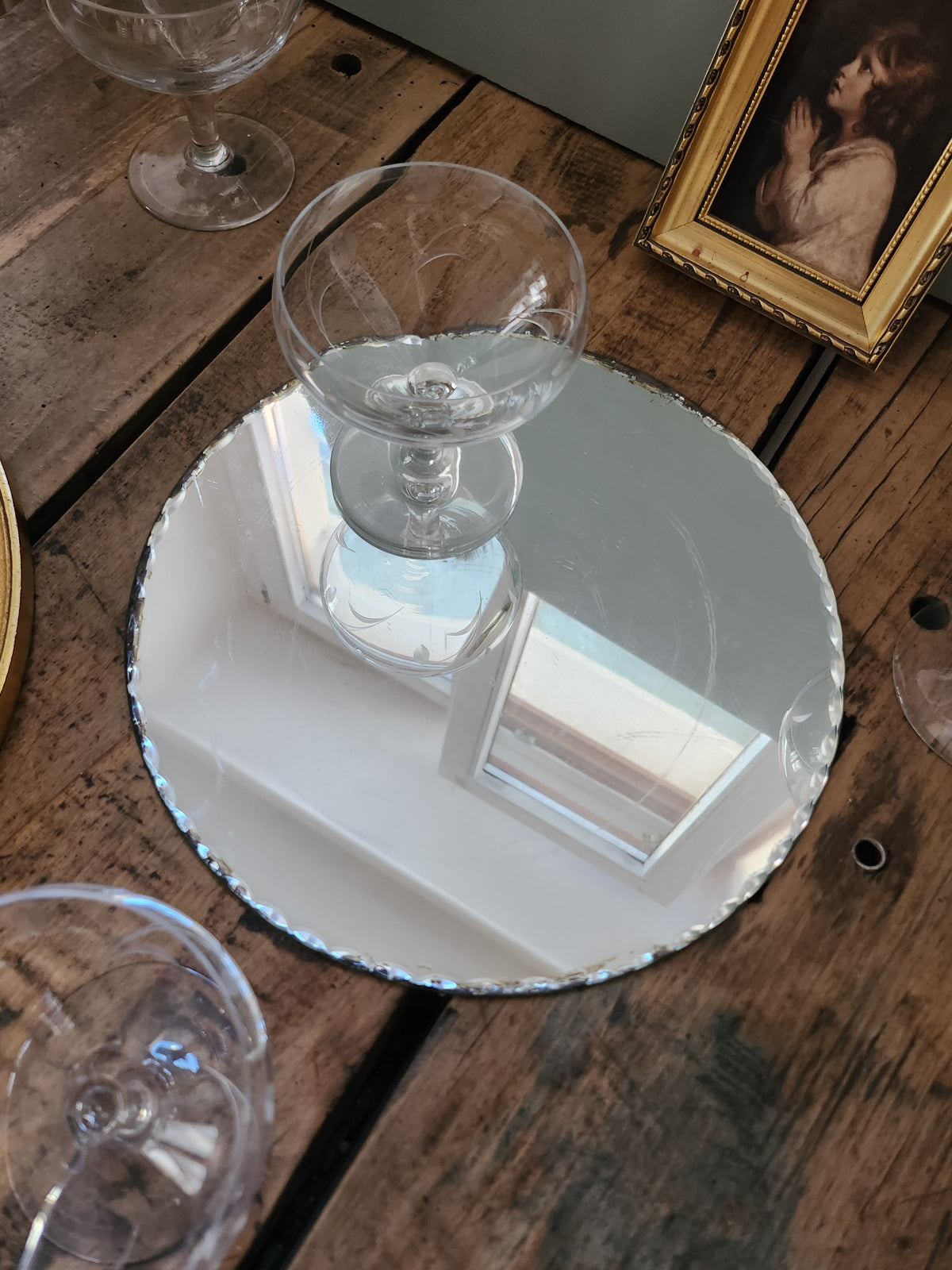 Miroir ancien rond et biseauté   Patine